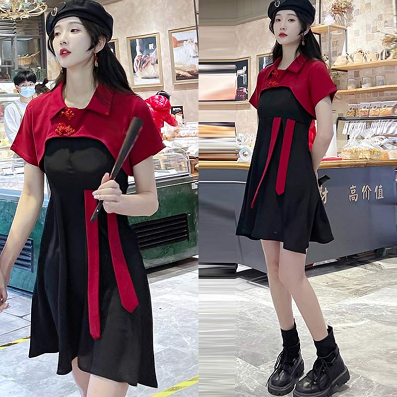 Vintage Red Buckle Vest Slip Dress Set Modakawa