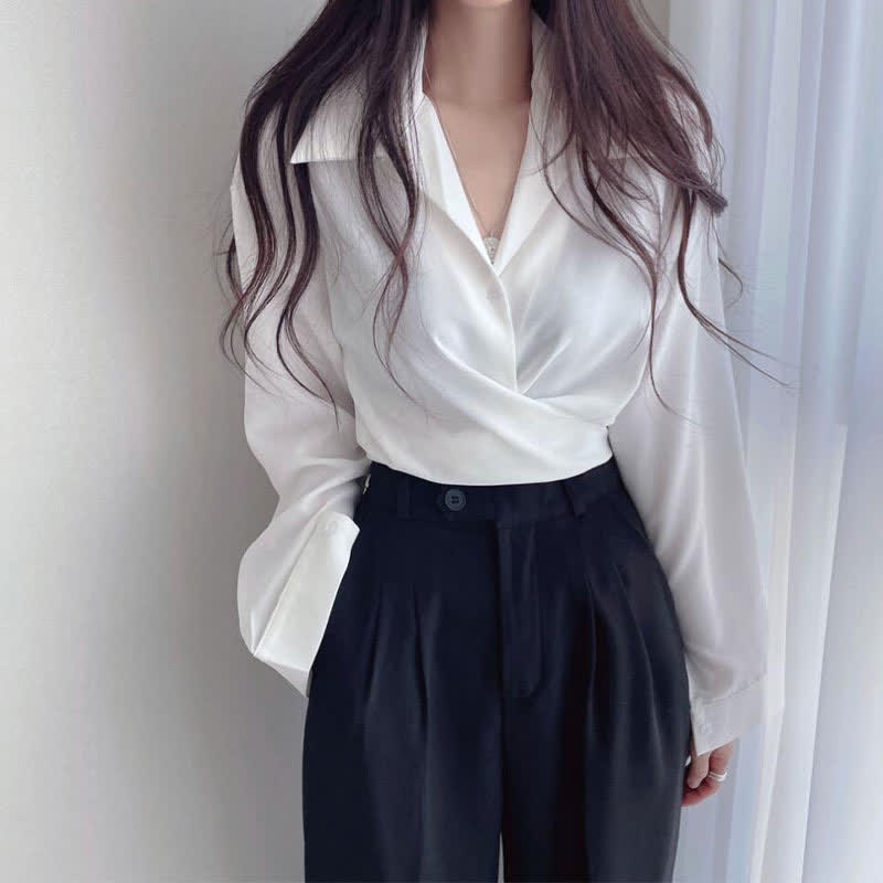 Chic Pure Color Lapel Crop Shirt modakawa