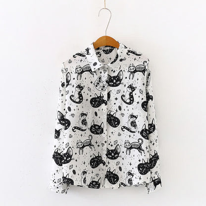 Black White Kitty Print Lapel Chiffon Shirt modakawa