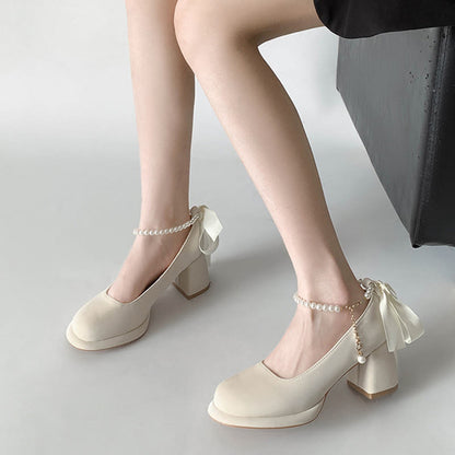 Pearl Buckle Thick Heel Mary Jane Shoes modakawa