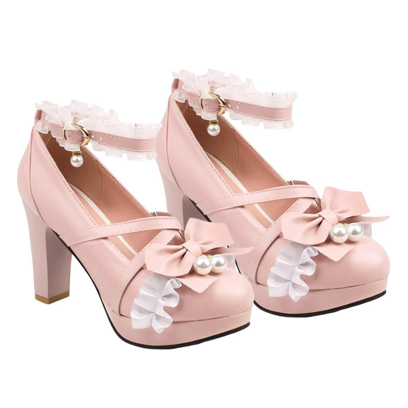 Sweet Bow Decor Lace Chunk Heel Sandals modakawa