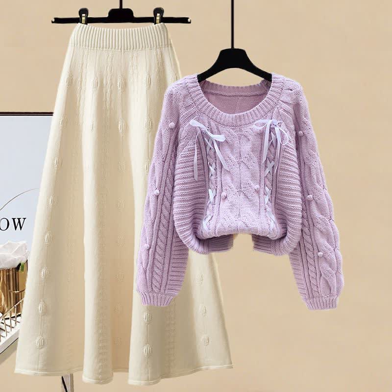 Pills Decor Cable Knit Sweater Skirt Set modakawa