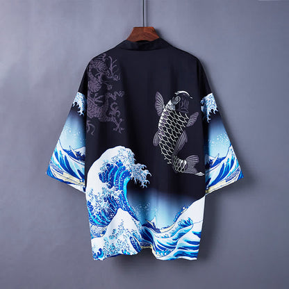 Vintage Wave Carp Print Casual Cardigan Kimono Outerwear modakawa