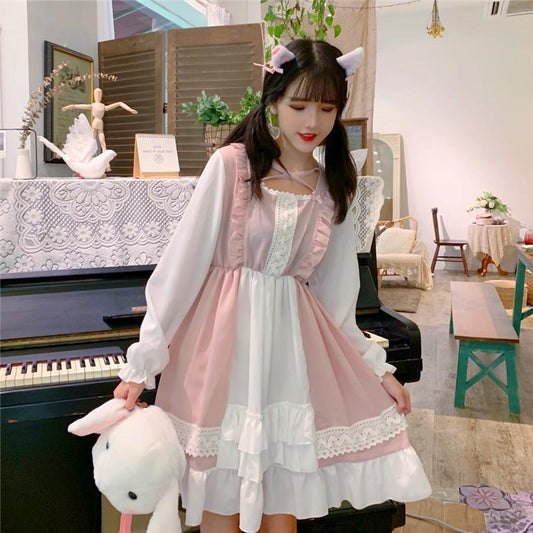 Sweet Pink Ruffle Hem Stitching Dress Modakawa