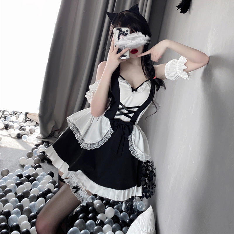 Kawaii Ruffle Maid Lingerie Dress Stockings Set Modakawa