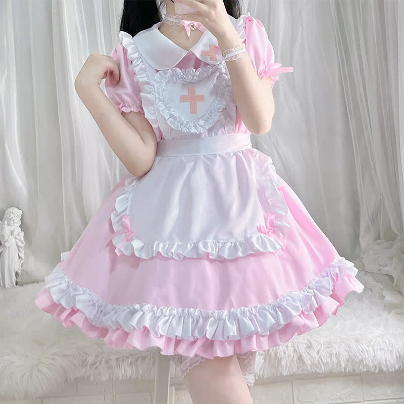 Kawaii Cross Print Ruffled Maid Lolita Dress Set Modakawa