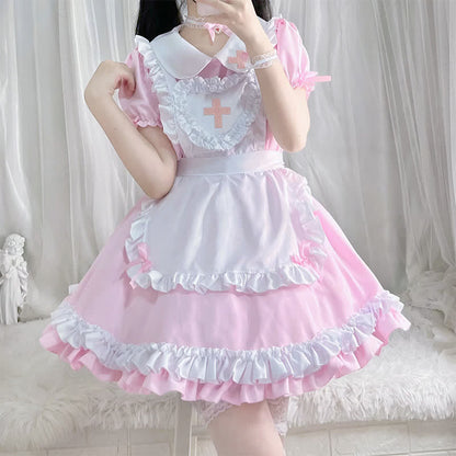 Kawaii Cross Print Ruffled Maid Lolita Dress Set Modakawa