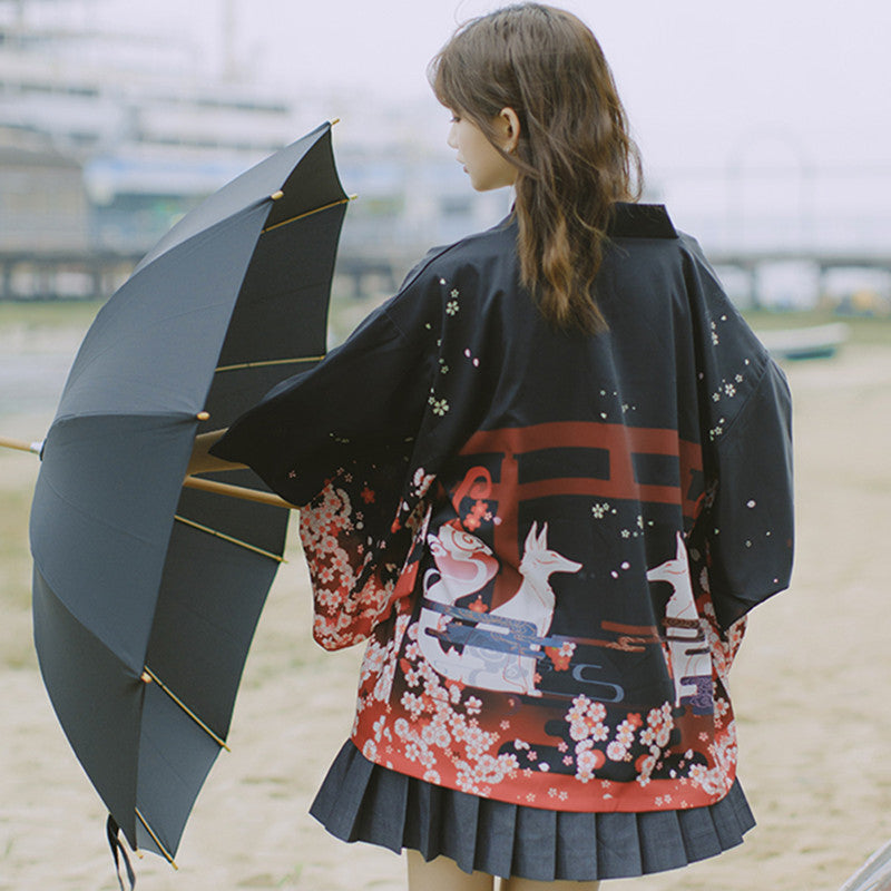 Fox Sakura Print Loose Cardigan Kimono Outerwear Modakawa