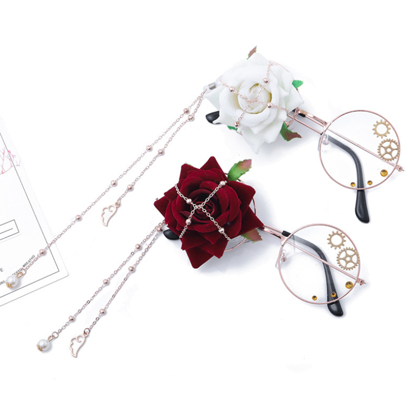 Lolita Flower Decor Metal Chain Big-Frame Glasses Modakawa