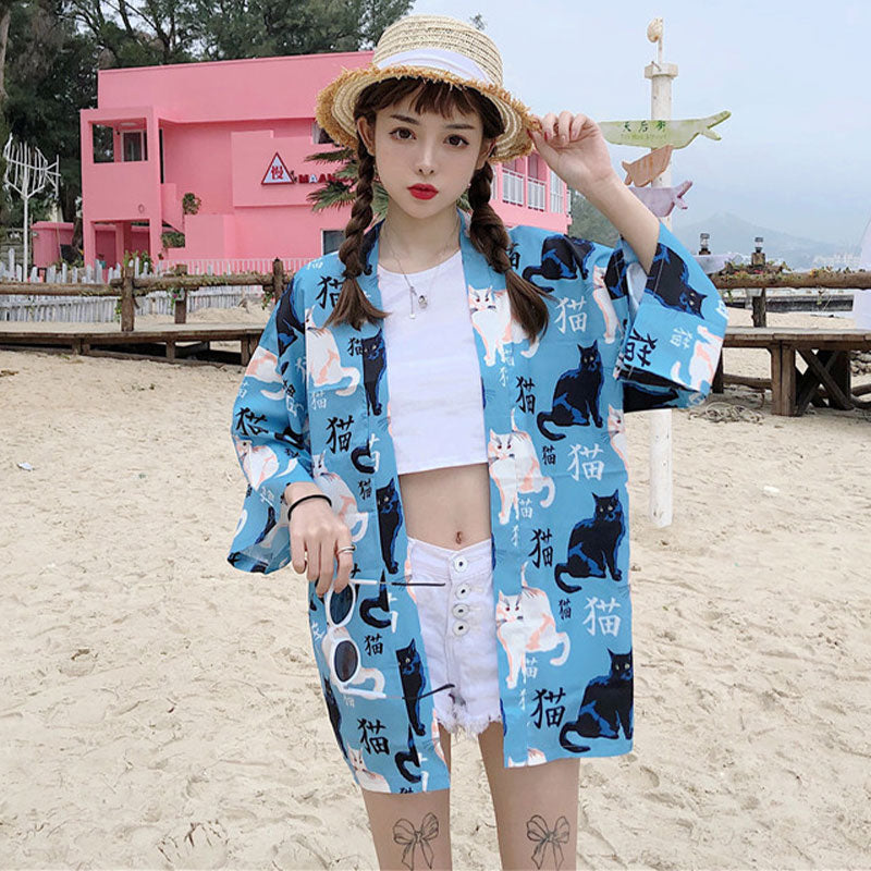 Cute Blue Cat Print Casual Kimono Outerwear Modakawa