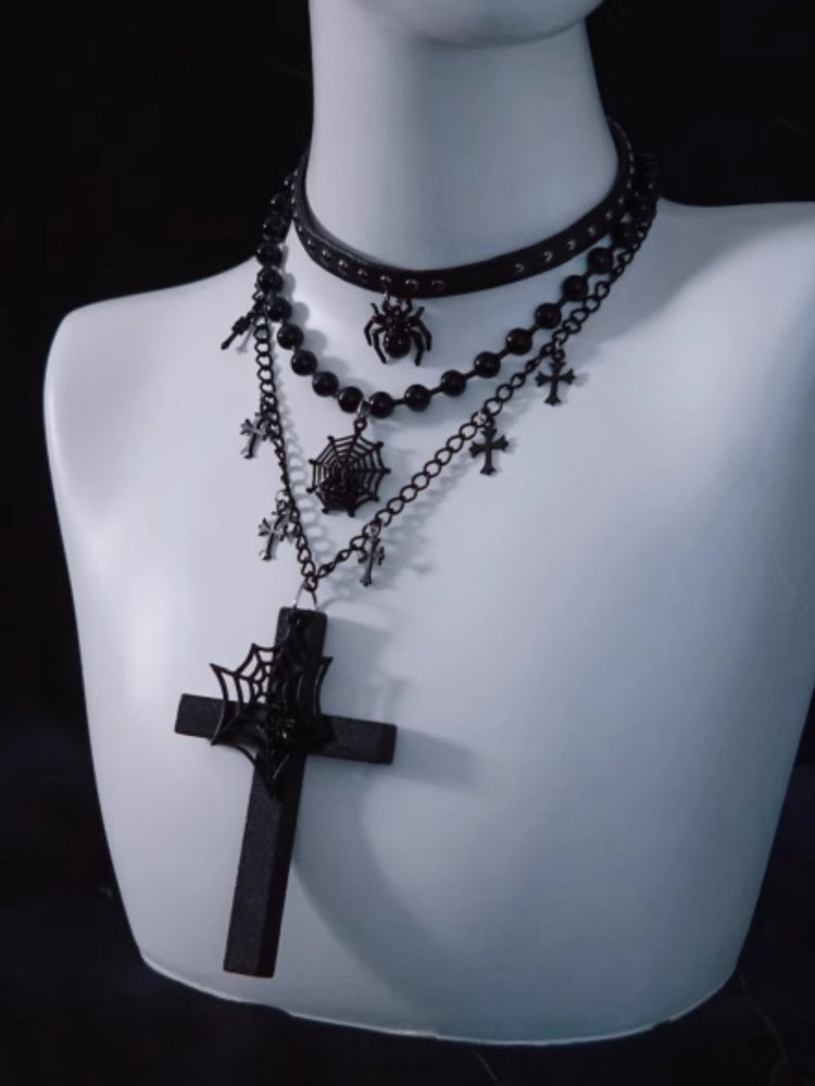 Spider Web Cross Pendant Black Triple Layered Necklace mySite