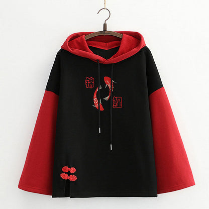 Vintage Red Fish Letter Embroidery Hoodie modakawa