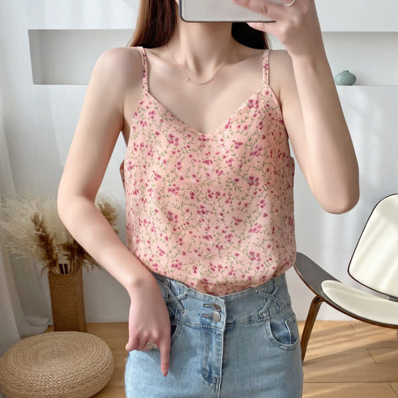 Floral Print Chiffon V-neck Cami Top modakawa