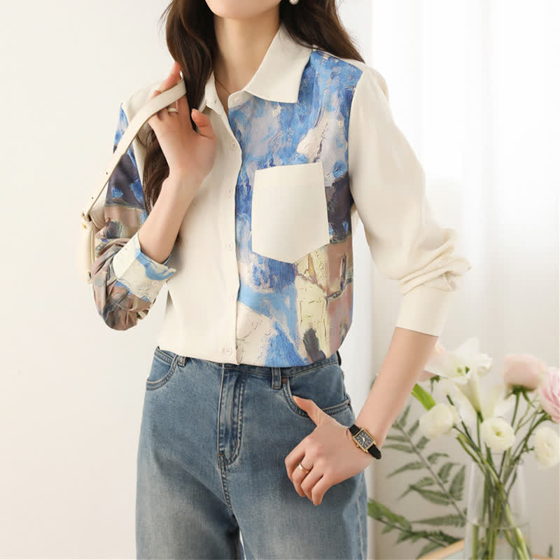 Irregular Printing Chiffon Pocket Lapel Shirt modakawa