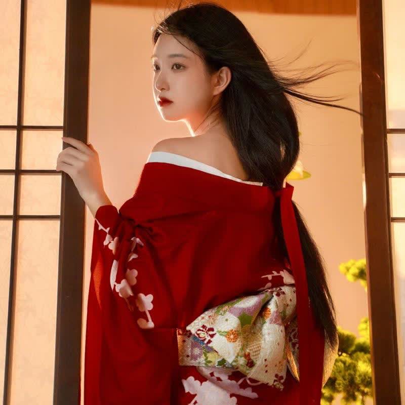 Red Elegant Print Traditional Kimono Dress modakawa