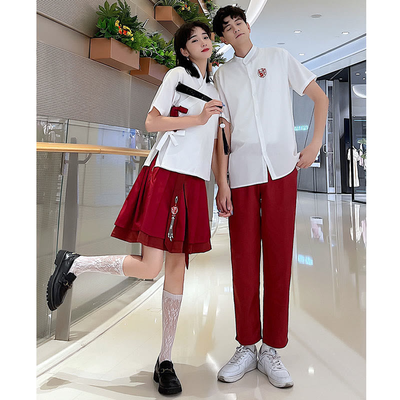 Couple Vintage Embroidery T-Shirt Lace Up Skirt Pants modakawa