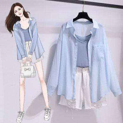 Blue Lapel Shirt Cami Top Ripped Denim Shorts modakawa