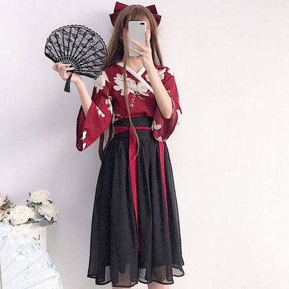 Floral Red Black Hanfu Costume Set Modakawa