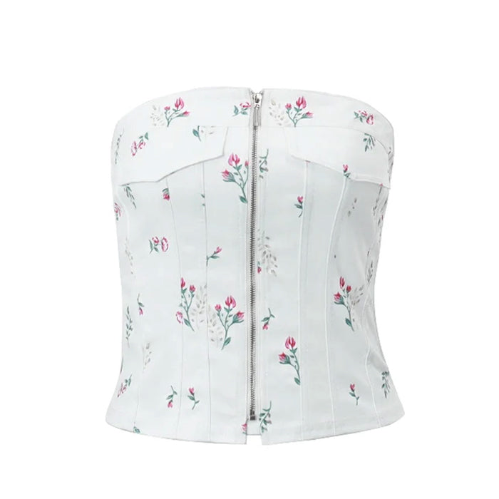 White Floral Zip Up Corset Top SpreePicky