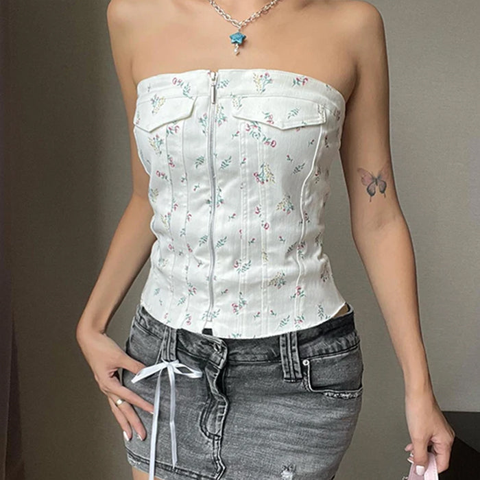 White Floral Zip Up Corset Top SpreePicky