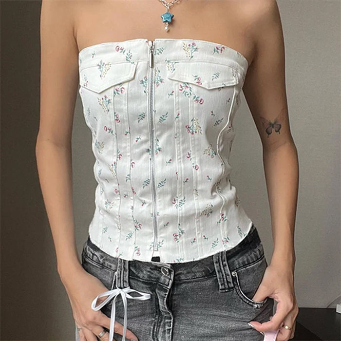 White Floral Zip Up Corset Top SpreePicky