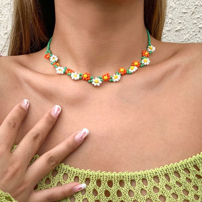 Flower Beaded Choker Necklace - Necklace