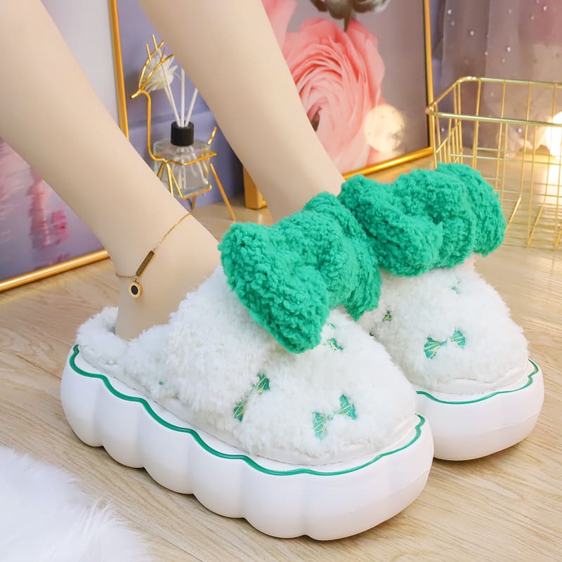 Fluffy Soft Girl Pastel Bows Slippers ON895 - Green&white /