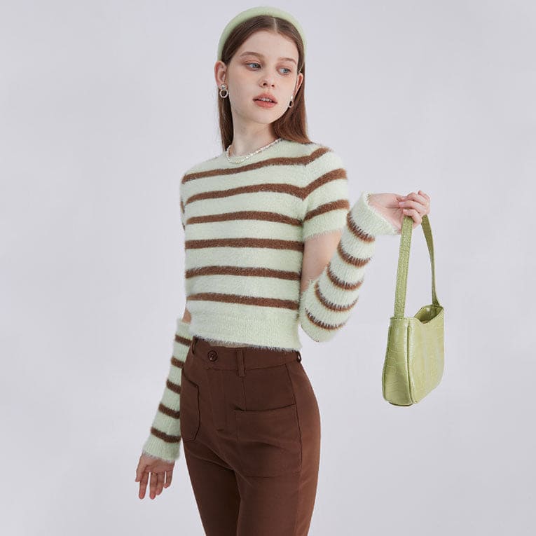 Fuzzy Striped Top and Gloves Set - Sweater