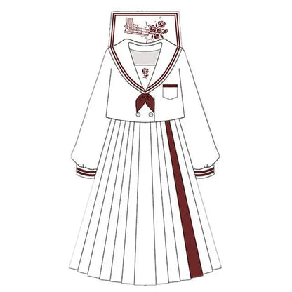 Gothic Long/Short Sleeve Girls High Waist White Sailor Skirts Set EG110 - Egirldoll