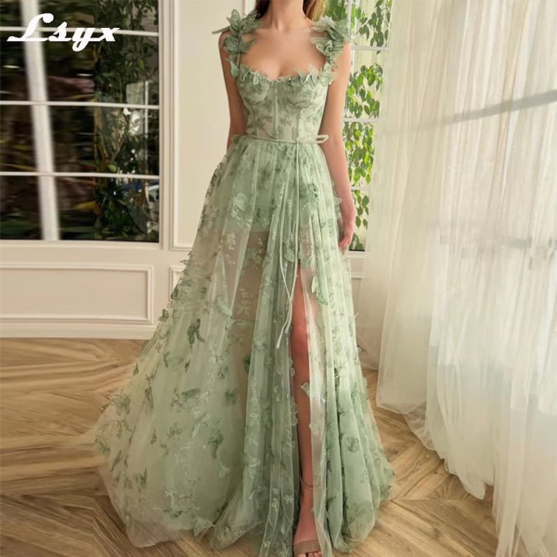 LSYX Sage Green 3D Lace Butterfiles Sweetheart Prom Dresses
