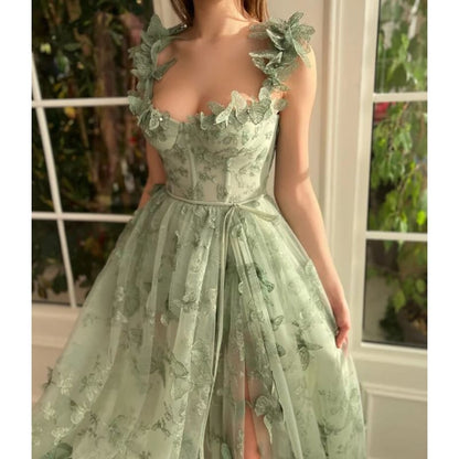 LSYX Sage Green 3D Lace Butterfiles Sweetheart Prom Dresses