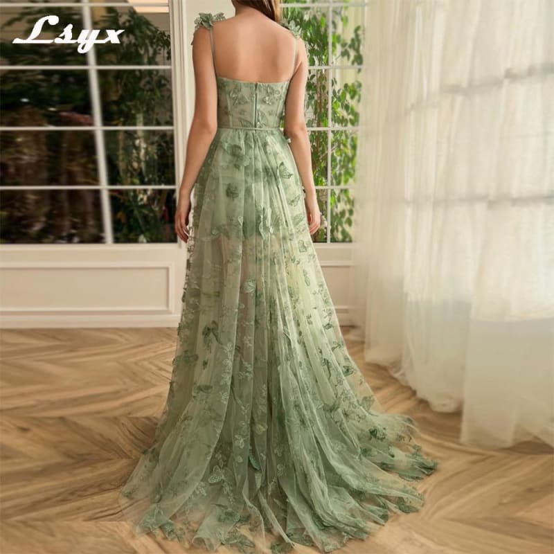 LSYX Sage Green 3D Lace Butterfiles Sweetheart Prom Dresses