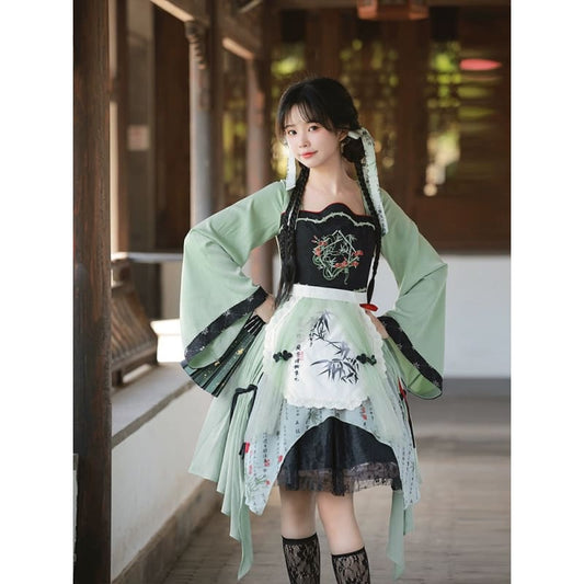 Green Bamboo Paint Tang Long Sleeve Dress - Modern Hanfu