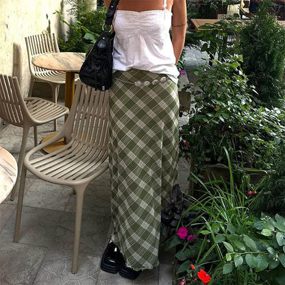 Green Plaid Maxi Skirt SpreePicky