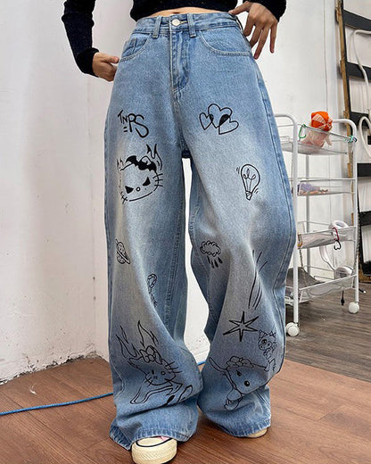 Blue Cat Print Jeans SpreePicky