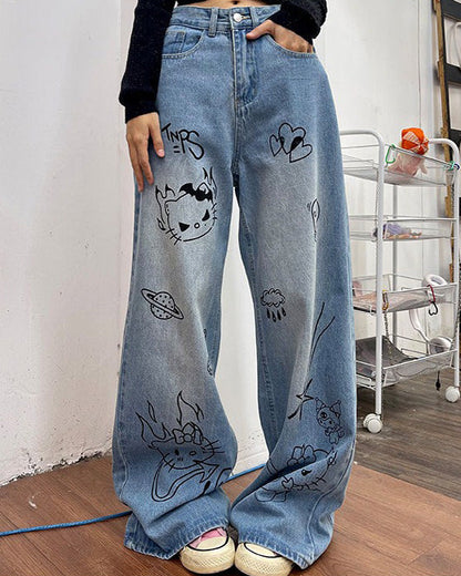 Blue Cat Print Jeans SpreePicky