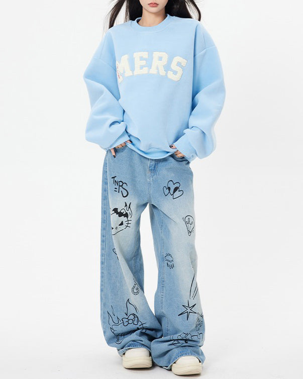 Blue Cat Print Jeans SpreePicky