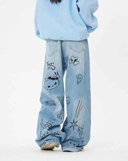 Blue Cat Print Jeans SpreePicky