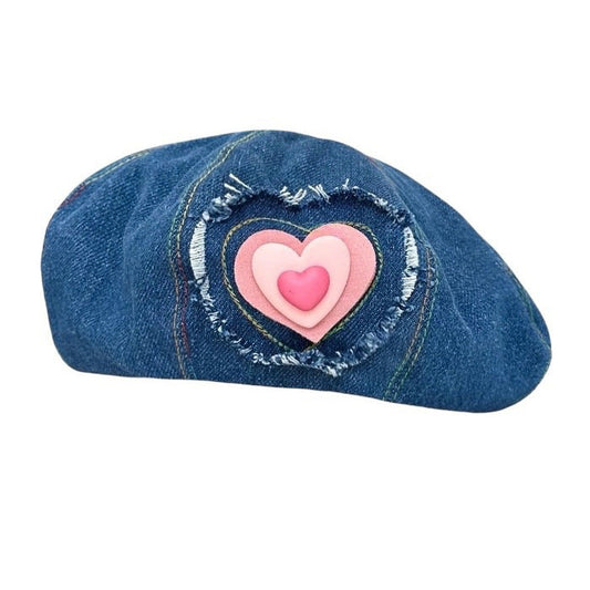 Heart Patch Denim Beret Hat SpreePicky