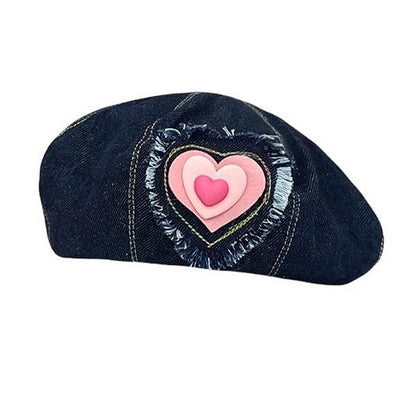 Heart Patch Denim Beret Hat SpreePicky