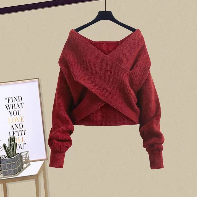 K-fashion Cross Knit Sweater Shirt and Denim Pants Set EG612