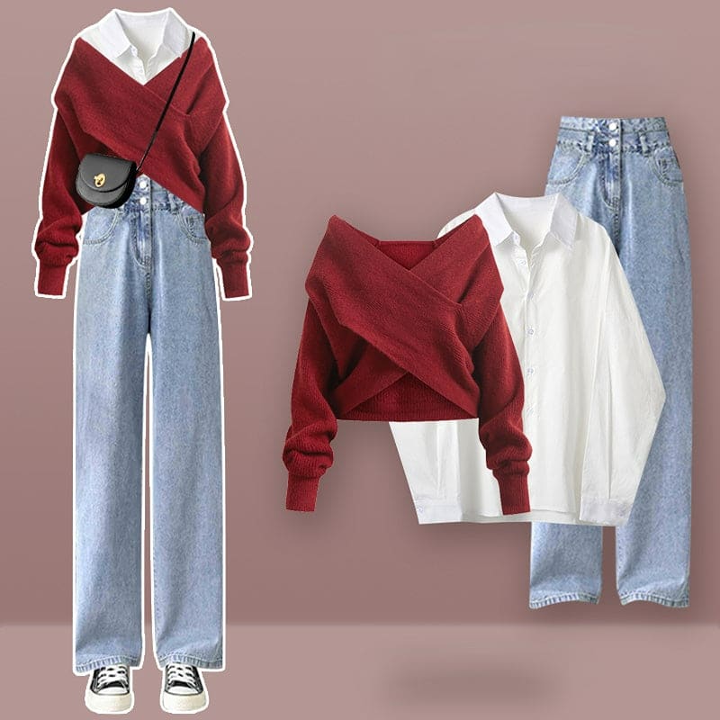 K-fashion Cross Knit Sweater Shirt and Denim Pants Set EG612 - Egirldoll