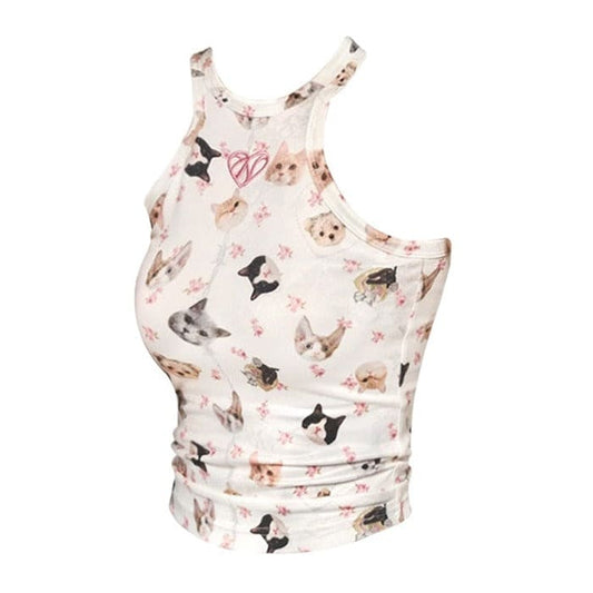 Kawaii Pets Print Halter Neck Top - S / Beige - Tops