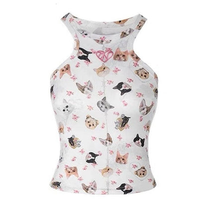 Kawaii Pets Print Halter Neck Top - Tops