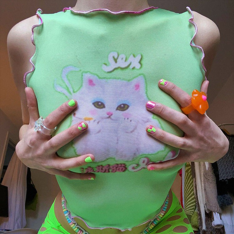 Y2K Green Kitty Crop Top Boogzel Clothing