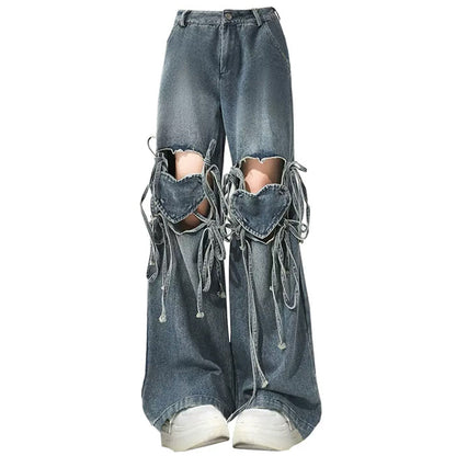 Love Knot Knee-Heart Denim Pants SpreePicky