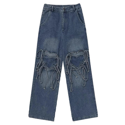 Love Knot Knee-Heart Denim Pants SpreePicky