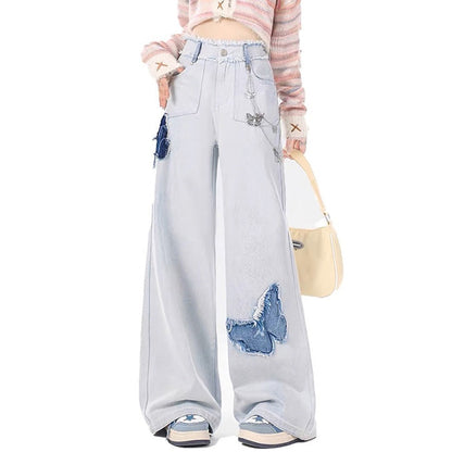 Light Blue Butterfly Aesthetic Jeans Boogzel Clothing