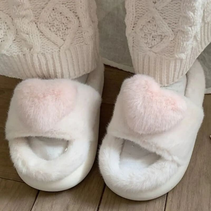 Kawaii Aesthetic Y2K Cute Fairy Love Heart Winter Fluffy Home Slippers - Pinkdollz MK Kawaii Store