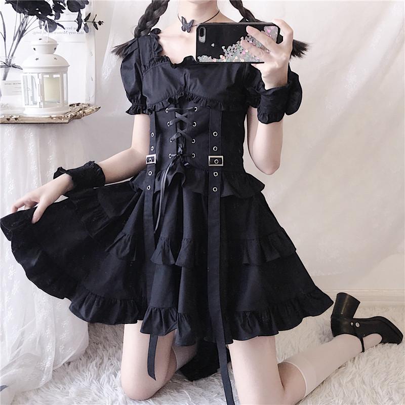 Y2K Ruffle Lace Up Buckle Gothic Sweet Dress Modakawa